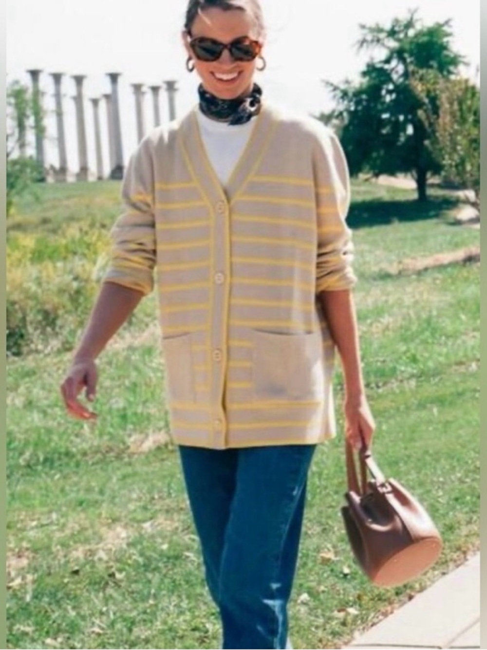 Tuckernuck EUC Chai Tan Yellow Striped Lauren Plus Knit Cardigan Size XXL